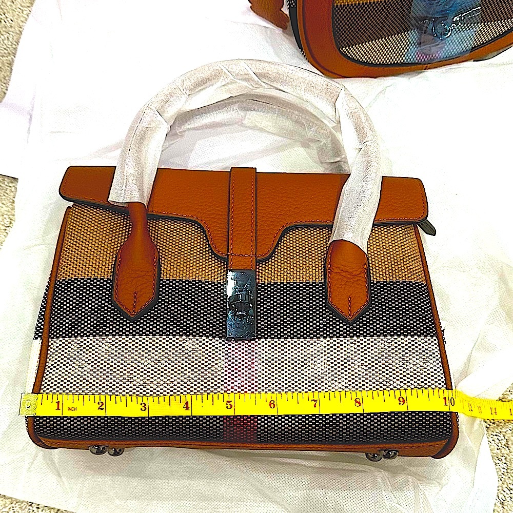 Genuine Leather Top Handle Small Handbag w/Checked Woven Fabric - Picture 5 of 9